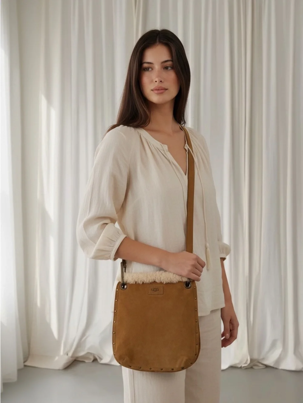 Ugg Suede Shearling-Trim Crossbody Bag in Tan